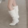 Winter Women Pointed Toe Fuzzy Plush Long Boots Knee-High Slip on White Cozy Faux Fur Lined Boots Fashion Thigh High Botas Mujer