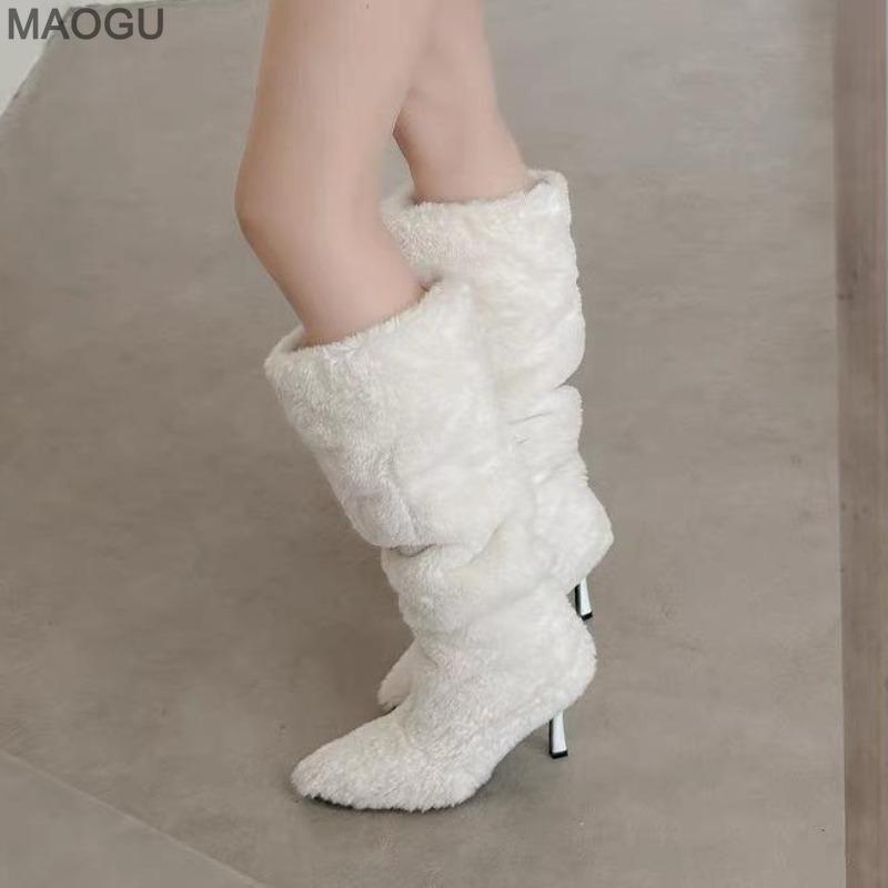 Winter Women Pointed Toe Fuzzy Plush Long Boots Knee-High Slip on White Cozy Faux Fur Lined Boots Fashion Thigh High Botas Mujer