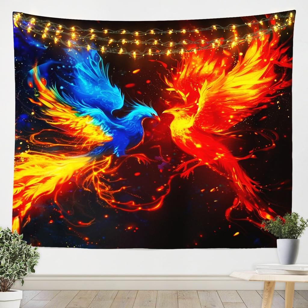Fire & Ice Phoenix Tapestry, Red Blue Mythical Birds on Black Starry Background, Wall Hanging for Fantasy Aesthetic Decor