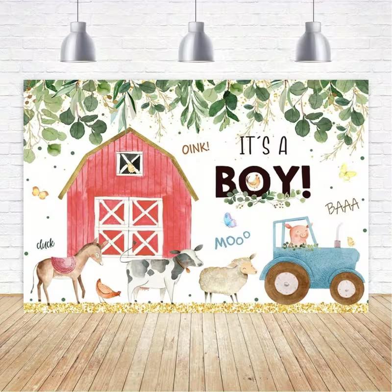 2D Red Barn Farm Backdrop It's A Boy Baby Shower Photography Background