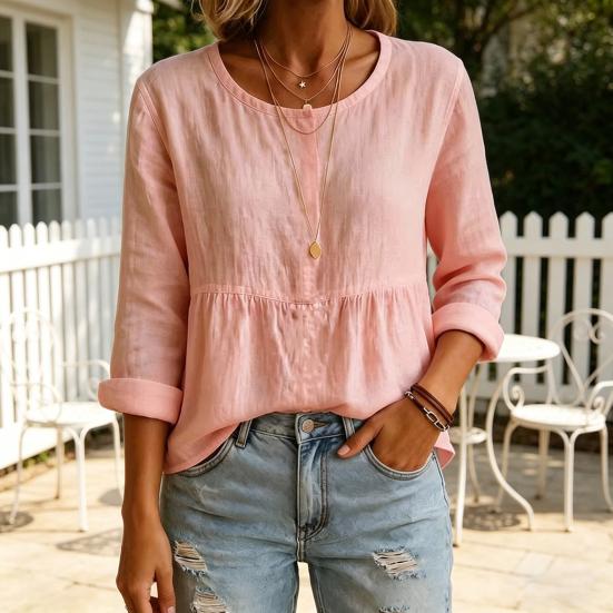 Women Tops Long Sleeve Round Neck Loose Fit Pullover Tops with Pleated Hem Pure Color Spring Summer Casual Shirt