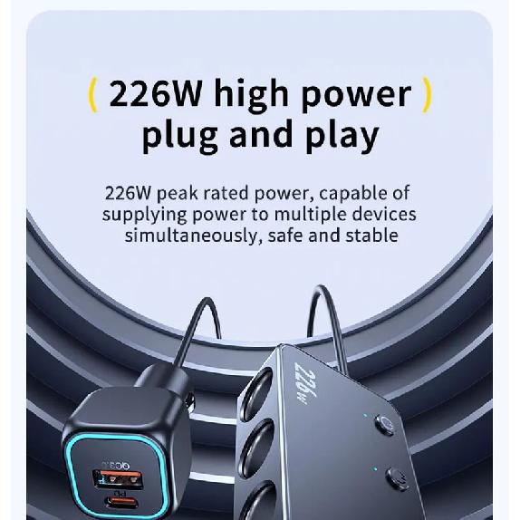 226W Car Charger Fast Charging Cigarette Lighter Split Adapter PD QC3.0 USB Voltage Display Front Rear Charge 12V 24V Truck SUV