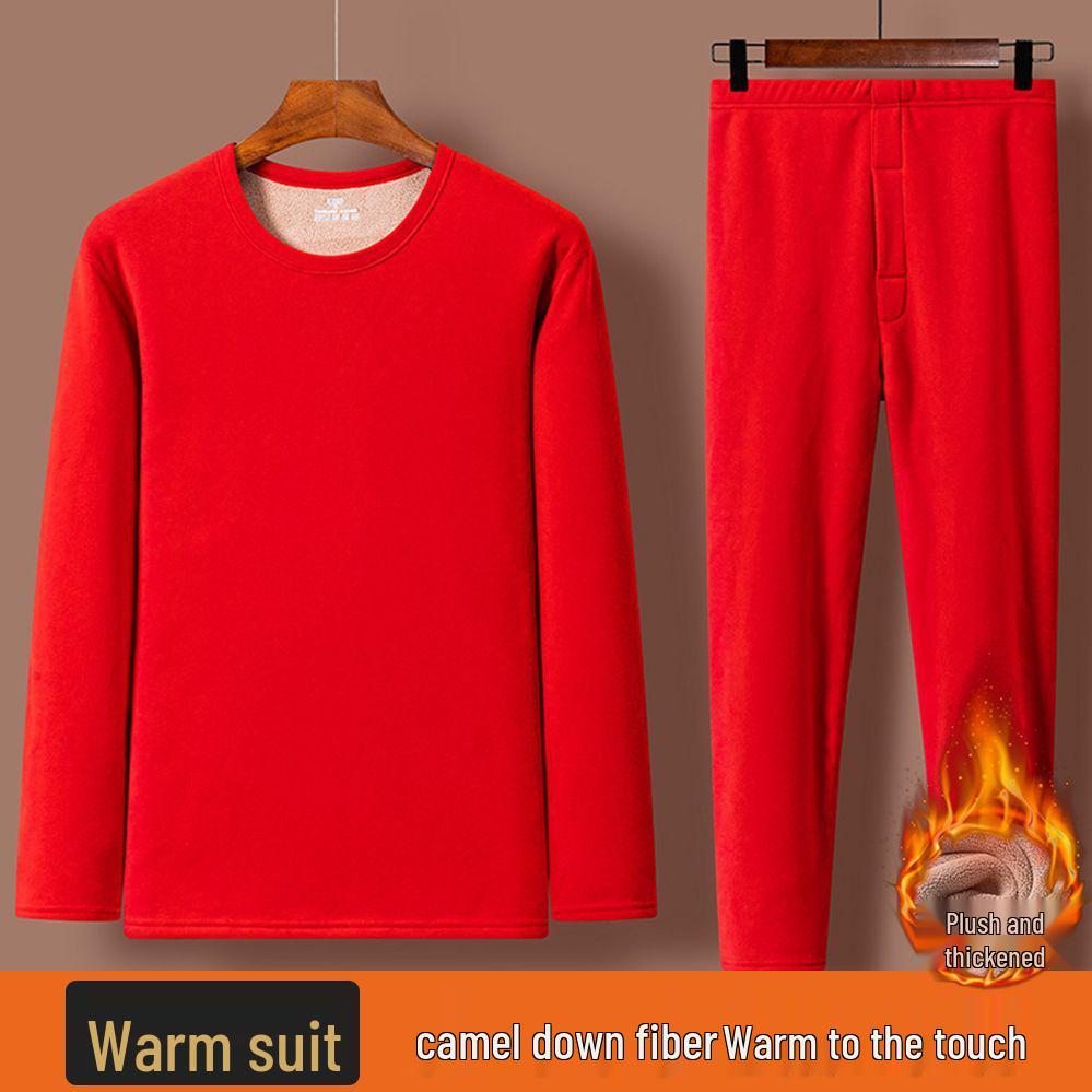 Men's Winter Warm Fleece-Lined Camel Wool Underwear Set - Crew Neck, Quick Heating, for Middle-Aged and Elderly