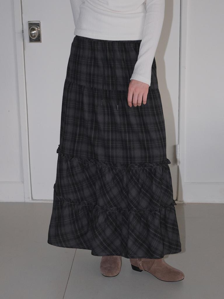 Etmont Check Tiered Long Skirt, Black