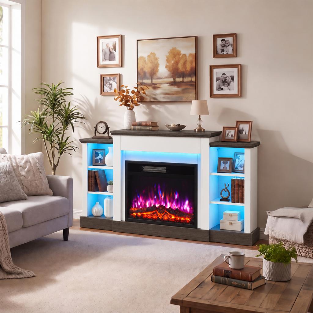 Electric Fireplace TV Stand 138cm, LED Strips, Adjustable Flame Effect, 6 Shelves, Entertainment Center Console Table