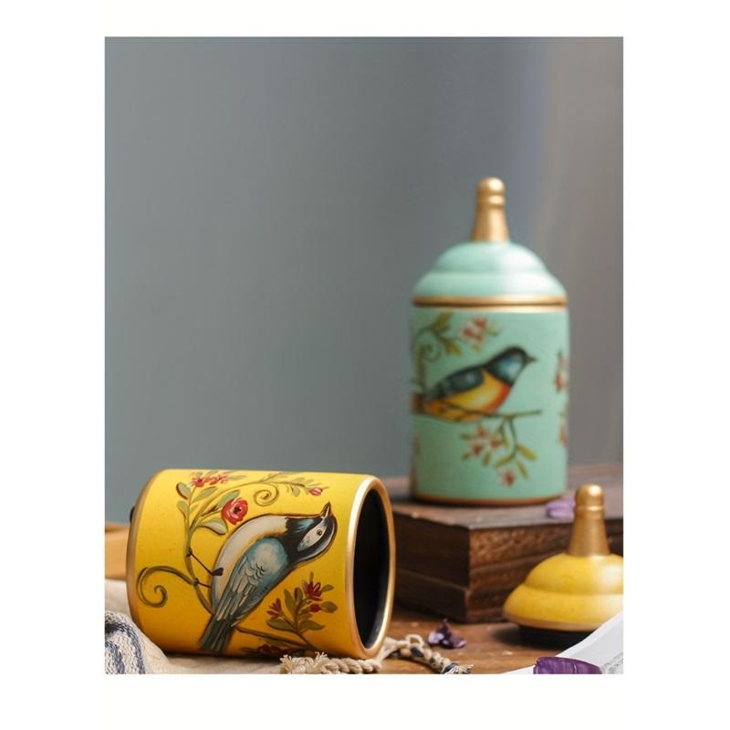 1pc Decorative Ceramic Storage Jar with Lid, Bird Design, Food-Safe Porcelain Tea/Coffee Canister
