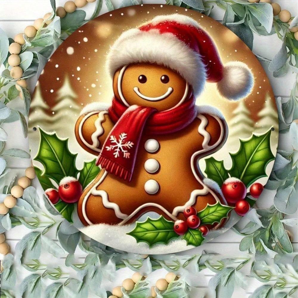 Christmas Gingerbread Man Tin Sign - Durable Metal Wall Art for Home, Garage, Bar, Cafe Decor, 2D Flat Print Holiday Plaque