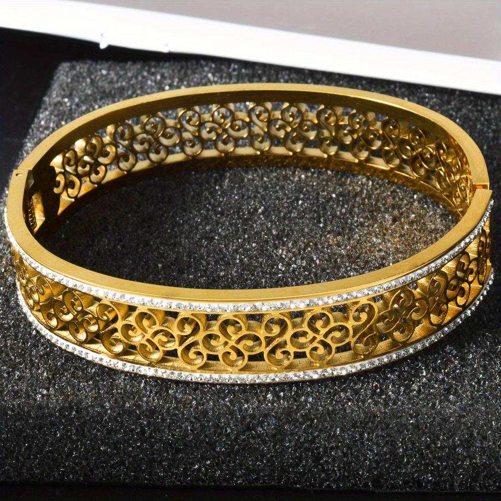 1pc Middle Eastern style new court-style stainless steel bracelet with full diamond hollow flower design, suitable for men and women, versatile for