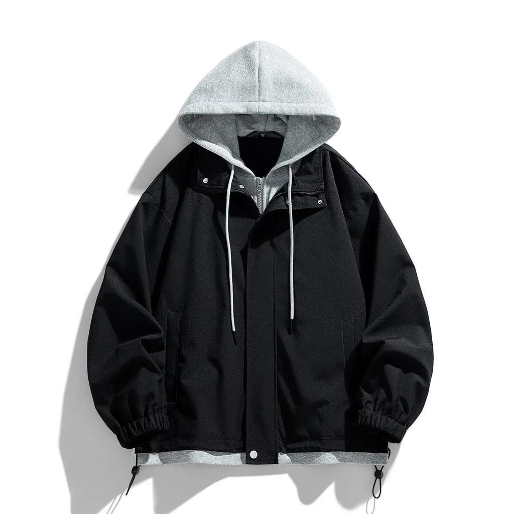 Spring Autumn New Fashion Hooded Jacket Men Hong Kong Style Patchwork Jackets Male Fake Two Pieces Casual Coat Hoodies Outerwear