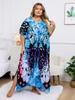 Plus Size Bohemian Kaftan Dress Womens Blue Printed Summer Wear Vacation Lounge Wear Beach Robe Caftan
