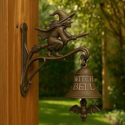 Sonnette de porte de sorcière à monter au mur Design de sorcière sur balai Accessoire décoratif Support de porte en fonte Sonnette Sonnette de bienvenue