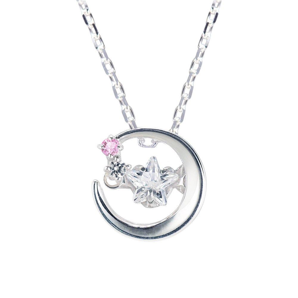 

Selectable Birthstone Necklace for Highest Quality Zirconia Dancing Stone Crescent Moon Star Cut Silver Pendant Pink [Future Angel] Women, (October