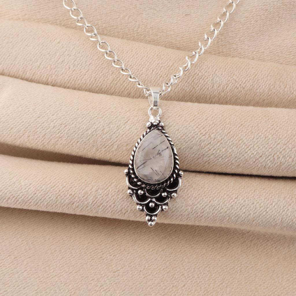 Black Rutile Gemstone 925 Sterling Silver Jewelry Designer Pendant 1.5" For Birthday Gift PP-70-32