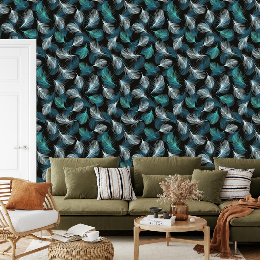 Turquoise Feathers Wallpaper for the Background of the Living Room and Bedroom 50x1000