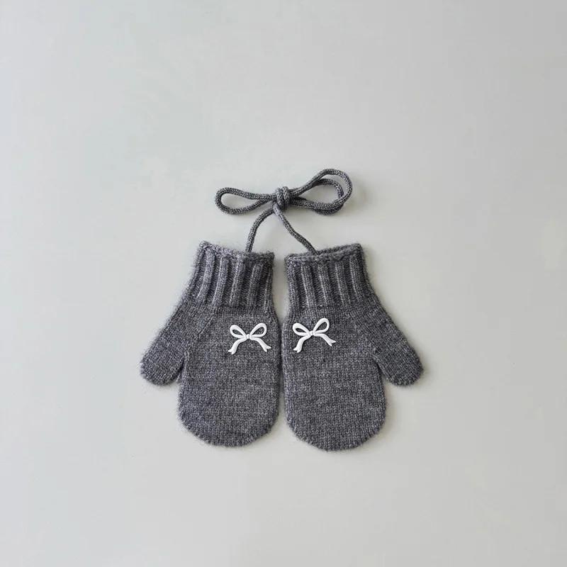 Sweet Bow Kids Girl Knitted Gloves Solid Color Woolen Hanging Neck Mittens Winter Warm Children Glove 3-6Year Baby Hand Cover