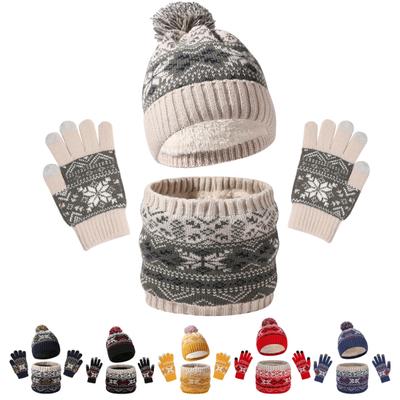 3 Pcs/Set Children Hat Scarf Glove Set Thick Knitted Warm Jacquard Cap Anti-slip Gloves