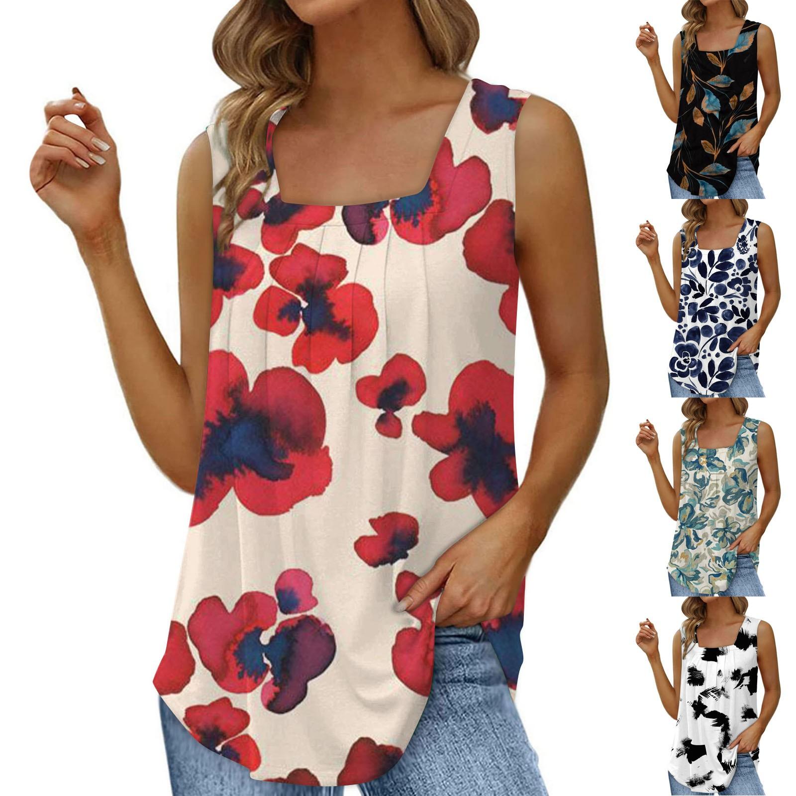 

Женская модная повседневная майка без рукавов с квадратным вырезом и цветочным принтом
