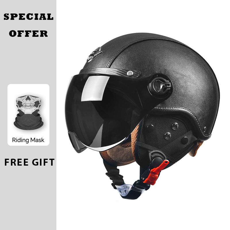 Vintage Motorcycle Helmet ECE DOT Approved Men Women Leather Jet Helmet Open Half Dirt Bike Helmet Electric Riding Cascos