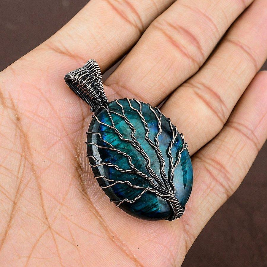 Blue Labradorite Handmade Copper Wire Wrap Jewelry Pendant 2.29" M6i31