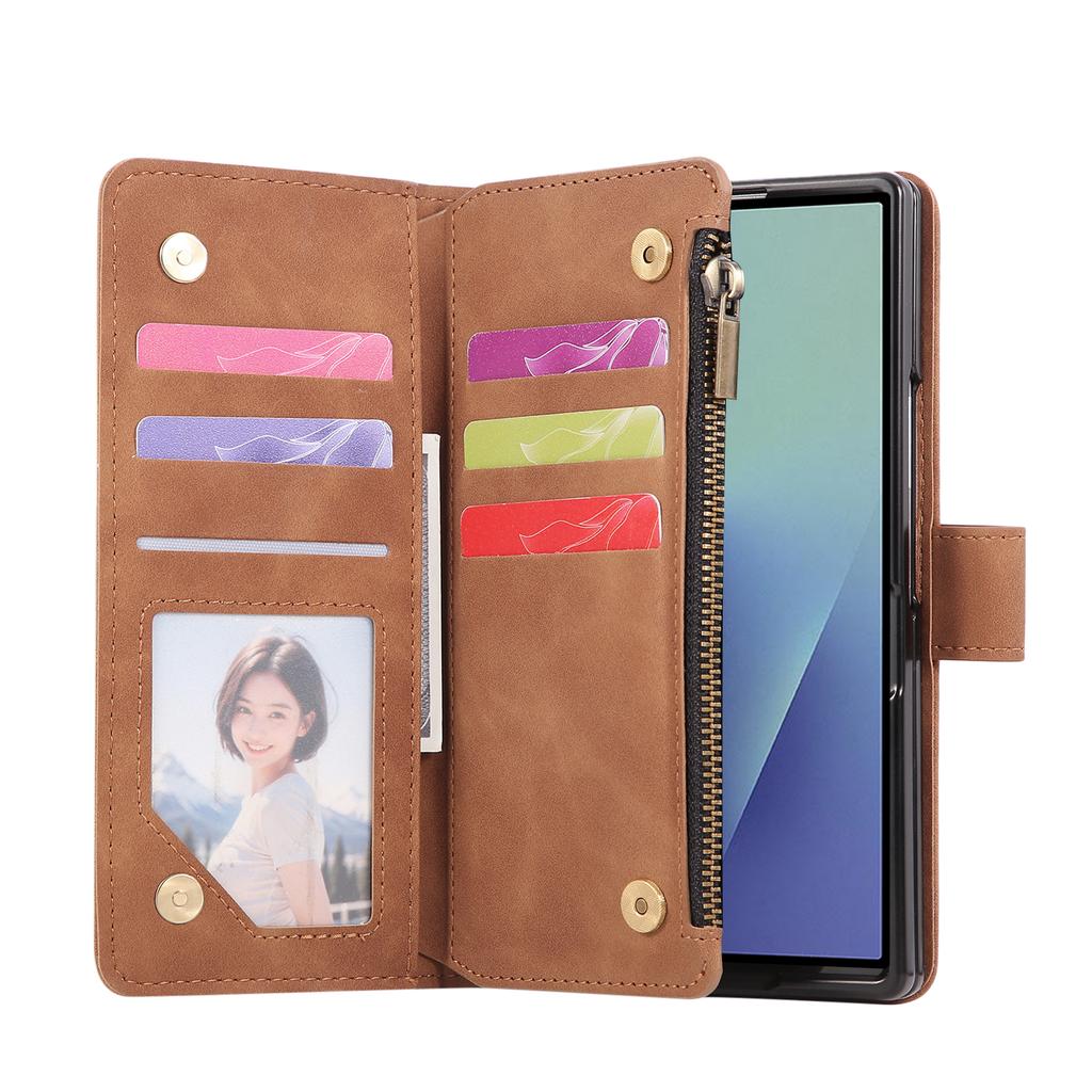 Zipper Magnetic Leather Phone Case For Samsung Galaxy Z Fold 7 6 5 4 3 5G Fold7 Fold6 Multi-card Wallet Kickstand Card Cover