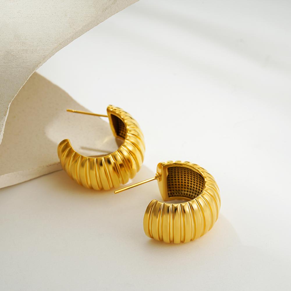 Vintage Texture Round Chunky Ribbed Hoop Earrings for Women Gold Plated C-Shape Stainless Steel Earring Vintage Zircon Bijoux