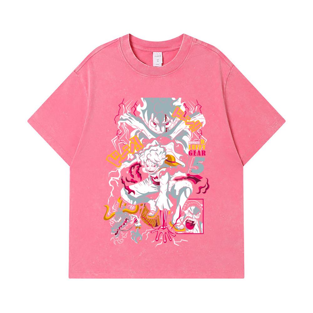 275 GSM Washed T-shirts 100% Cotton One Piece V23 Luffy Gear Print Unisex Heavy Cotton T Shirt