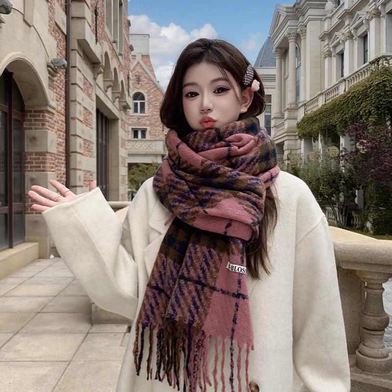 Korean version of premium sense retro long color matching plaid scarf female versatile couple scarf warm thickened shawl student