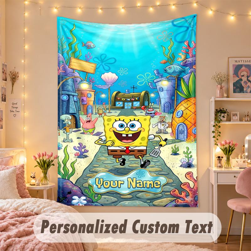 Custom Personalized Tapestry,SpongeBob Print Custom Name Text Wall Art Hanging for Bedroom