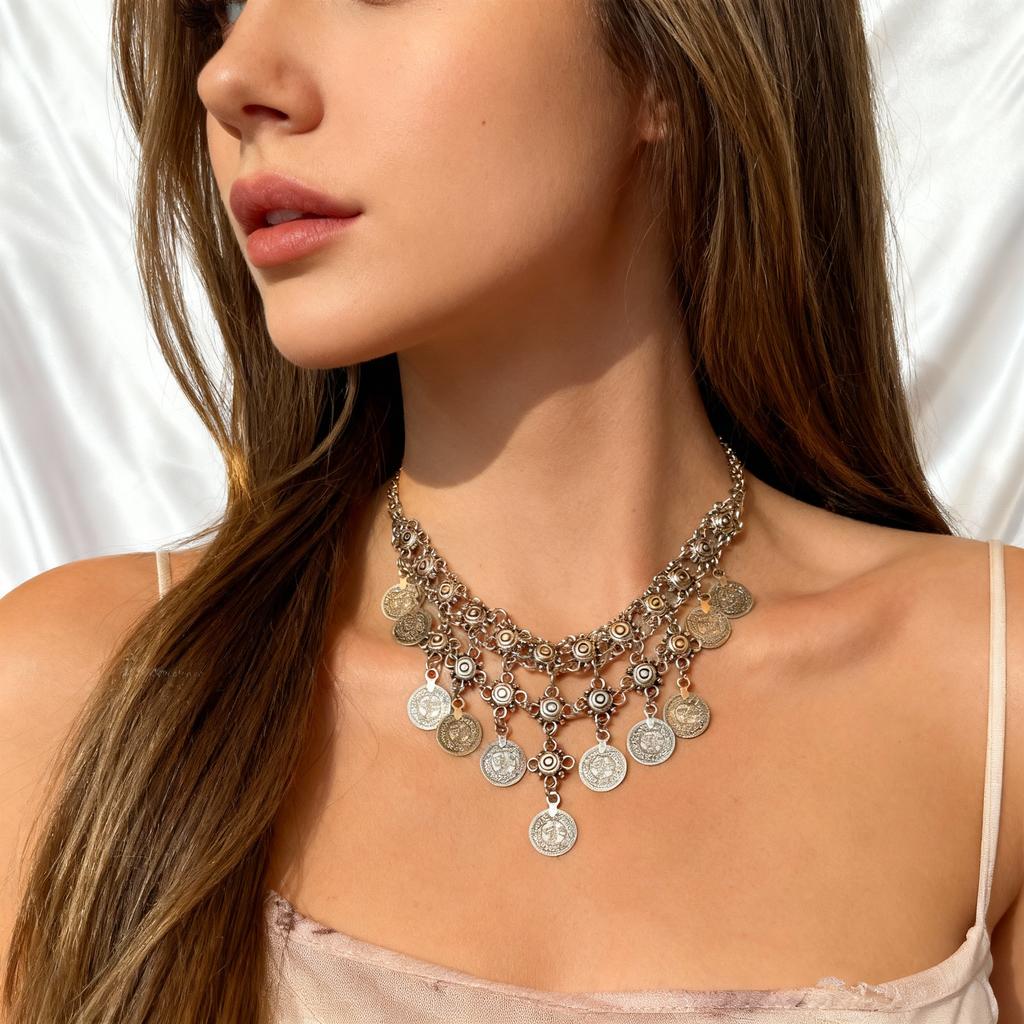 Vintage Metal Coin Tassel Choker Necklace for Women Retro Gold Silver Color Coin Fringe Clavicle Chain Party Collar Jewelry Gift