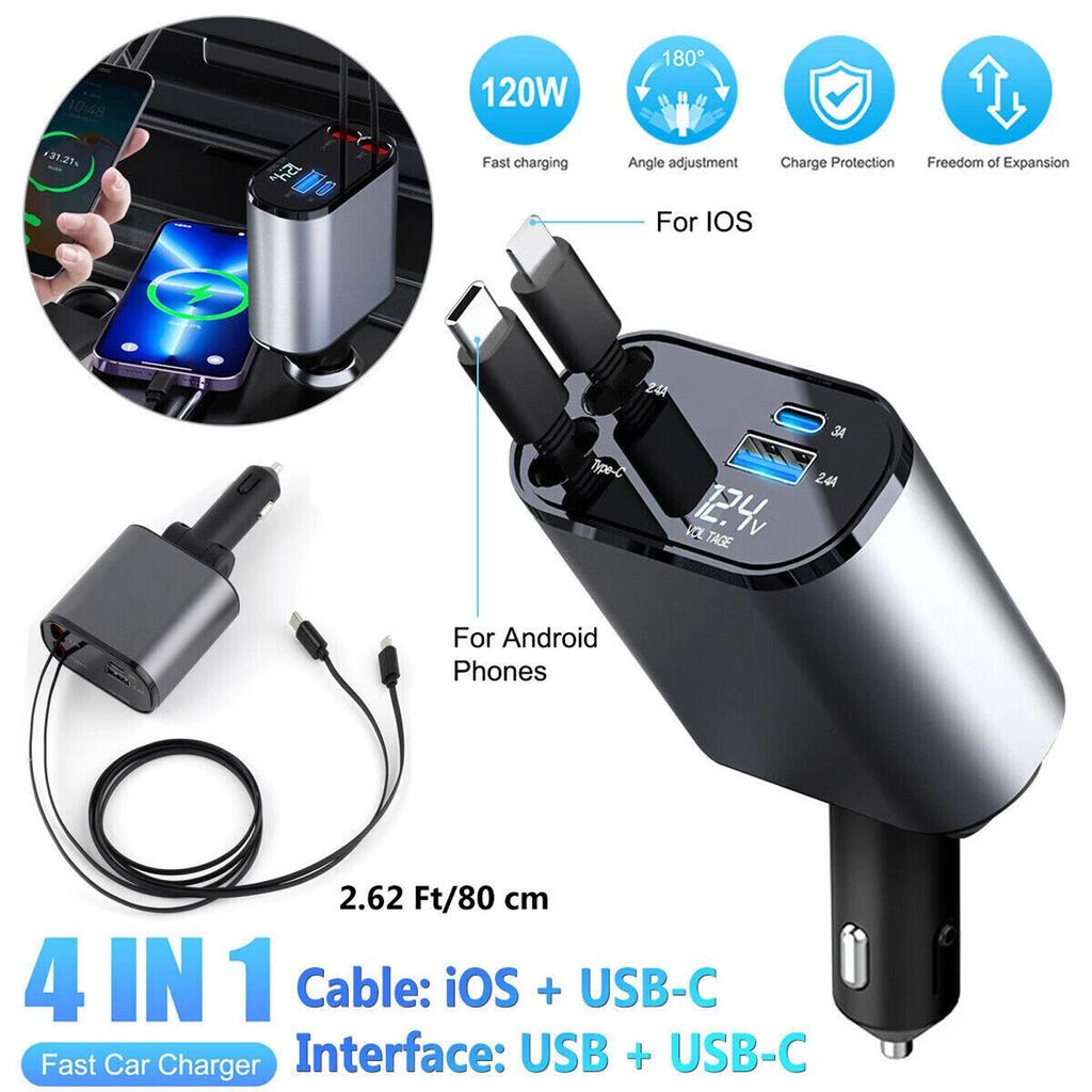 120W Super Fast Charging Car Charger With Retractable Cable And Multi-function Lighter With One-to-Two Flash Charge Adapter