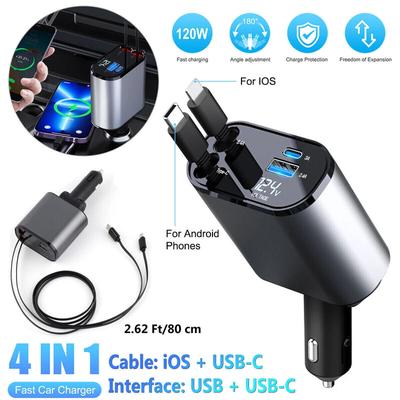 Cargador de Coche de Carga Super Rápida de 120W Con Cable Retráctil y Encendedor Multifunción Con Adaptador de Carga Flash Uno-a-Dos