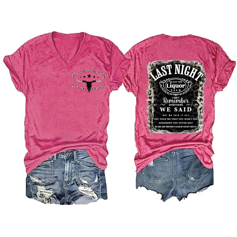 Women V‑Neck Short Sleeve T‑Shirt Double‑Sided Letter Print Casual Street Fashion Ladies Top S‑3XL