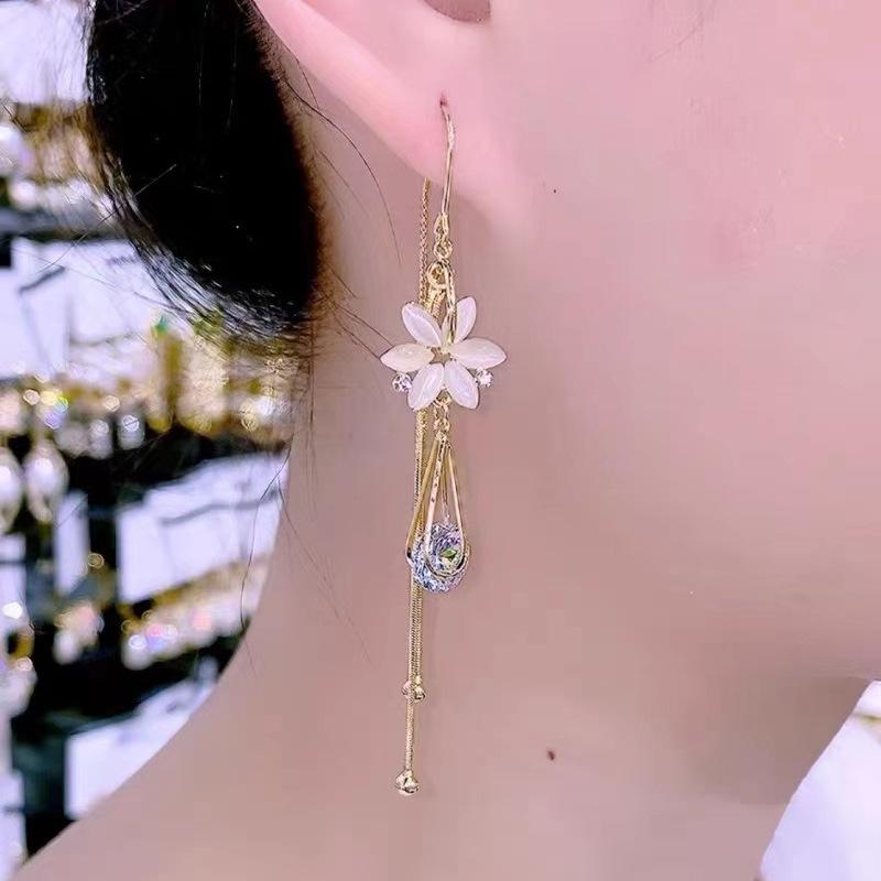 Luxurious Green Cat's Eye Stone Flower Threader Earrings - 2022 Fashion Trend, Secure Long Design.