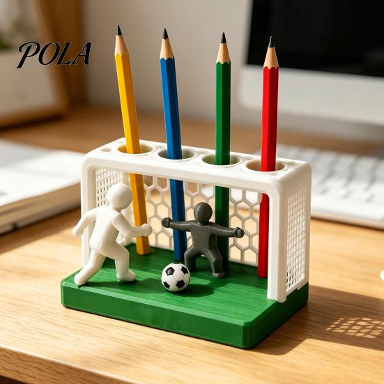 Smooth Surface Pencil Cup Soccer Goal And Player Figure Pen Holder, 3D Printed Sports Durable Organizer Theme 4 Hole Desktop for Home, Office