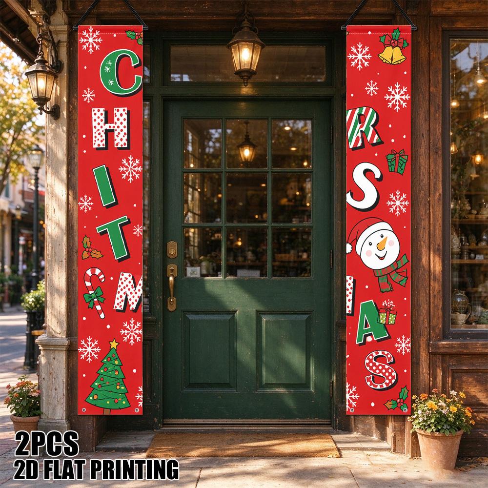 2D Flat, 2D Flat - 2D Door Banner 2D Flat, 2D Flat - 2D Door Banner 2D Flat Printing 2pcs Christmas Snowman Letters Porch Door Banner, Polyester, Outd