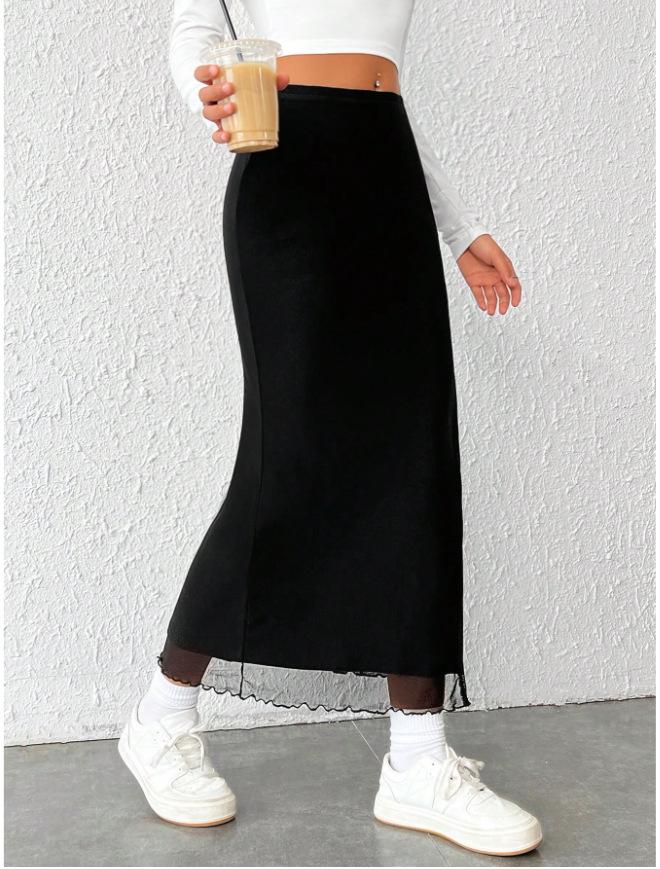 Spring Summer European American High-Waist Mesh Slit Skirt for Women