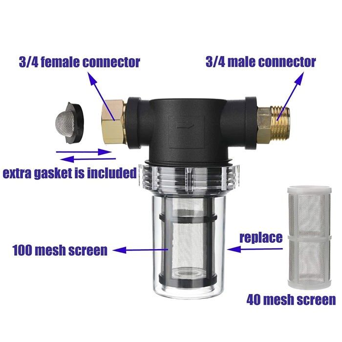 Filtre en ligne 40 mailles pour nettoyeur haute pression - kit tuyau d'arrosage (filetage 1,9 cm, 80 psi)