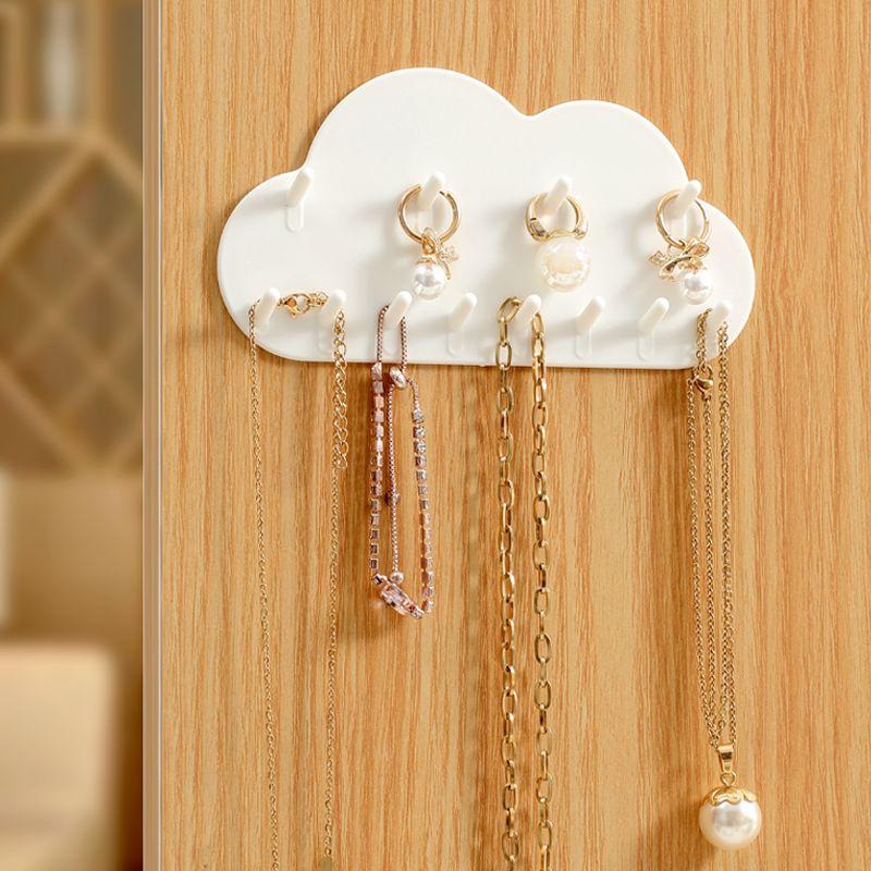 Cloud-Shaped Wall-Mounted Jewelry Organizer with Key Hooks - Punch-Free Accessory Display Rack and Mirror Cabinet