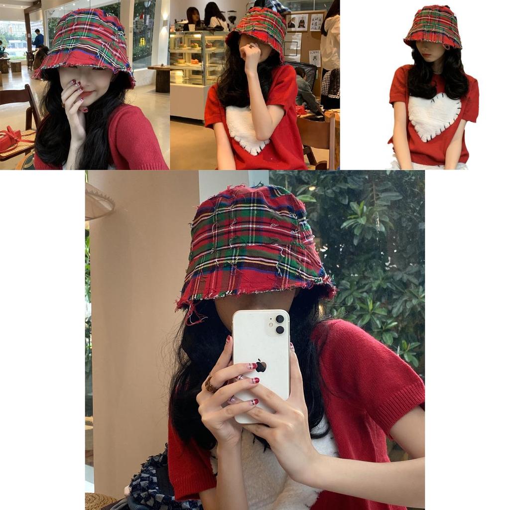Chic Red Plaid Bucket Hat For Women Vintage Style Sun Protection Breathable Cotton
