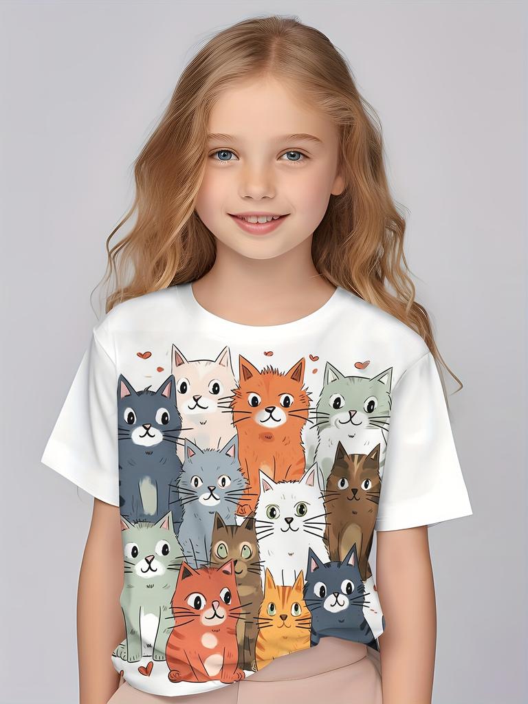 Children's Clothing Girl Cute 3D Printed Short Sleeved T-shirt Comfortable Round Neck Casual Top