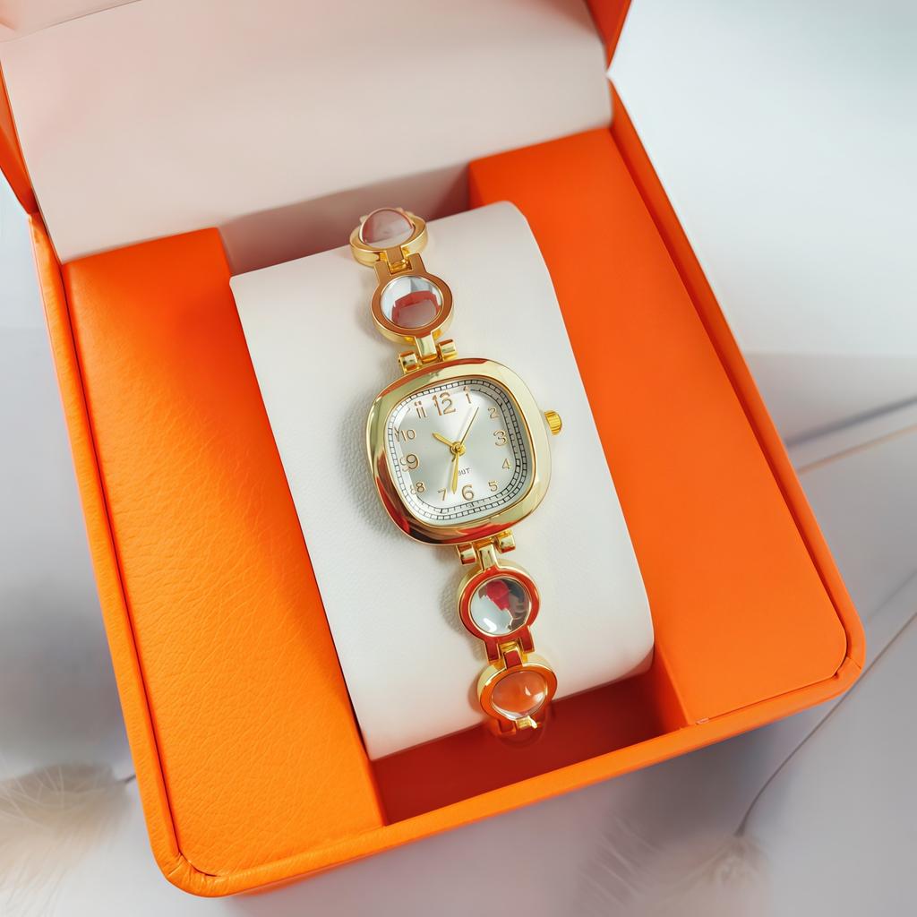 Ladies' Gemstone Set, Quartz Watch, Round Digital Light Luxury Carat Diamond-encrusted Bracelet, Watch Accessory Set.