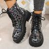 Nouvelles Bottes d'Automne et d'Hiver pour Femmes Décontractées avec Rehausseur de Hauteur Intérieur Bottes à Paillettes Grande Taille à Lacets Avant Confortables Bottes pour Femmes