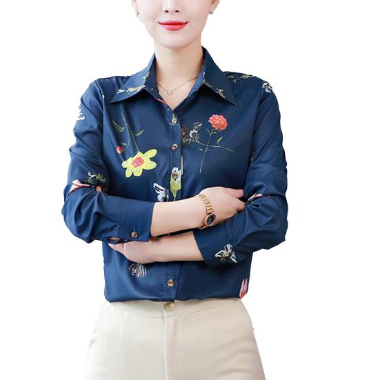 Slim Large Size Floral Fit Print Lapel Casual Button Long Sleeve Shirt Blouse