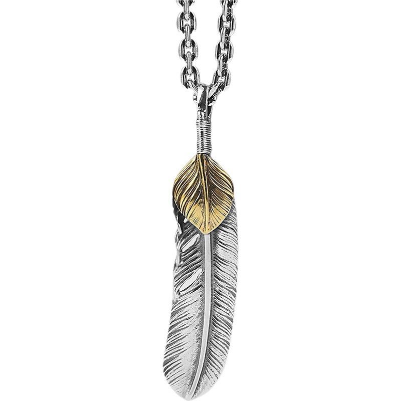 Xinqin Jewelry 925 Silver Feather Necklace Men's Trendy Brand Retro Hip Hop Couple Personalized Versatile Silver Pendant