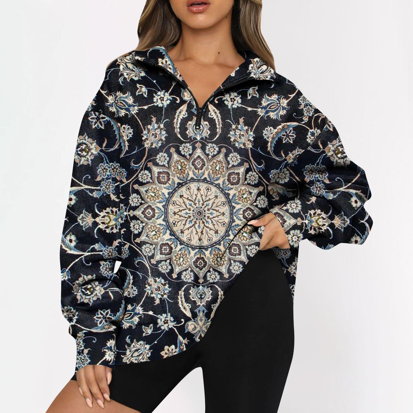 

Women s Fashion Long Sleeve Vintage Floral Print Zipper Sweatshirt Top M
