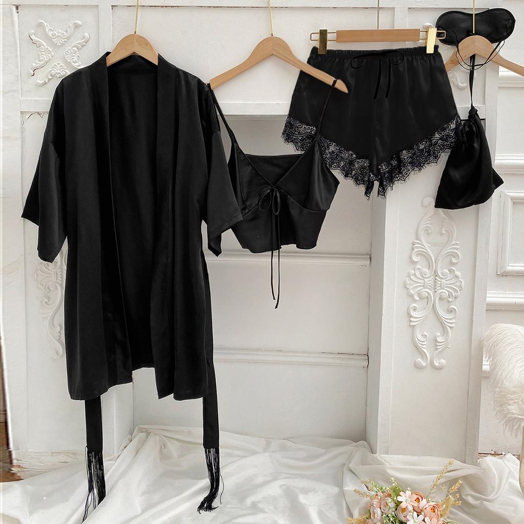 Female Sleepwear Pajamas Three-Piece Set Spring Summer Kimono Bathrobe Strap Top&Shorts Pijamas Suit Sexy Loose Satin Home Wear