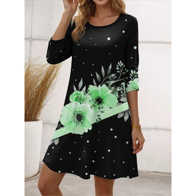 Street Long Sleeve Floral Pattern Women Mini Dresses All Season 3D Flower Printed Elegant Ladies Dress