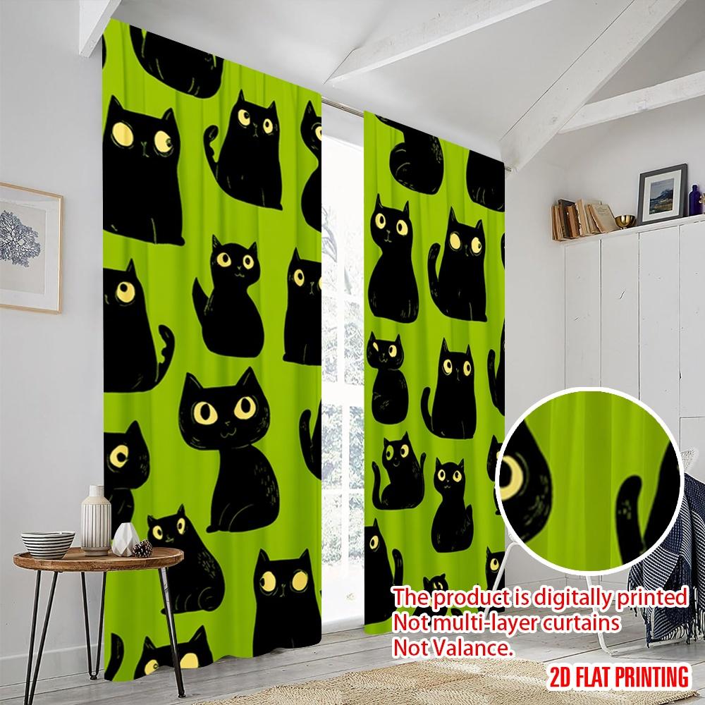 2pcs,2D Plane Printing Curtain Popular Black Cats On Green Durable 100% Polyester Fabric (without Rod) Decorations Inside for