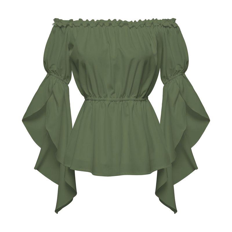 

European and American Women s Renaissance Shirts Pleated Sleeves off-Shoulder Frill Shirts Top Blouse Woman Green XL