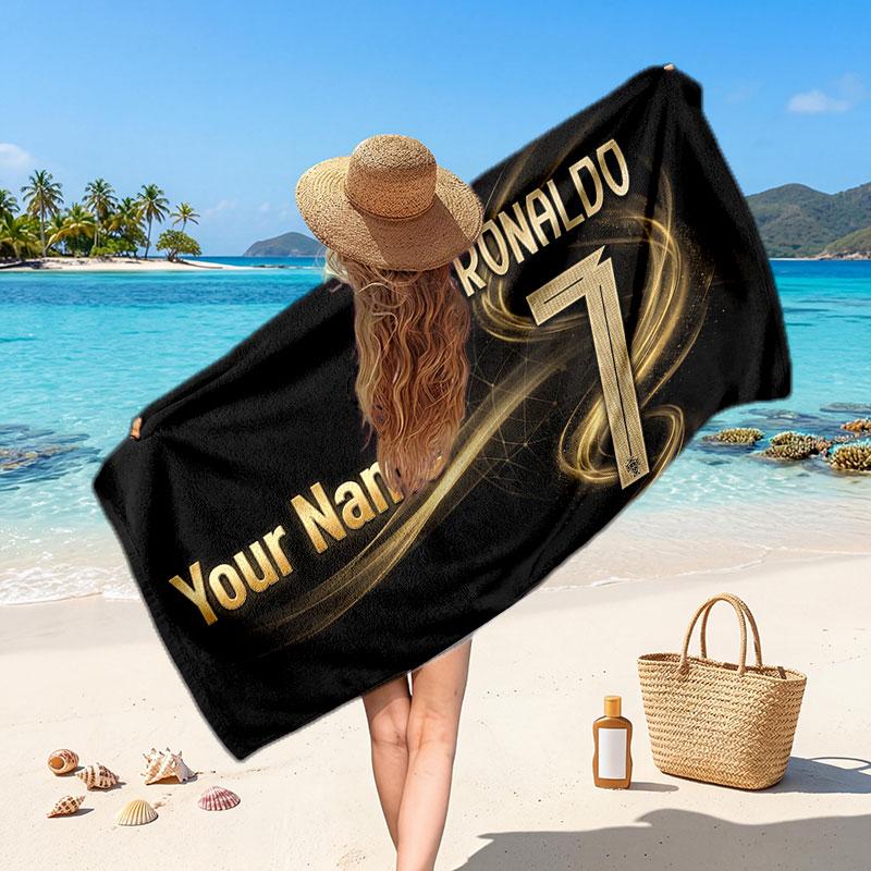 Cristiano Ronaldo Custom Beach Towel, Personalized Name Text Print, Football Logo Soft Quick‑Dry Towel Holiday Gift